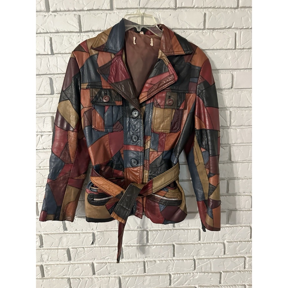 Vintage Leather Patchwork Jacket Womens 14 Multicolor Belted Boho 70s Style